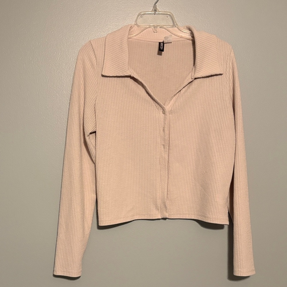 Cream Ribbed Long Sleeve Button DownTop H&M